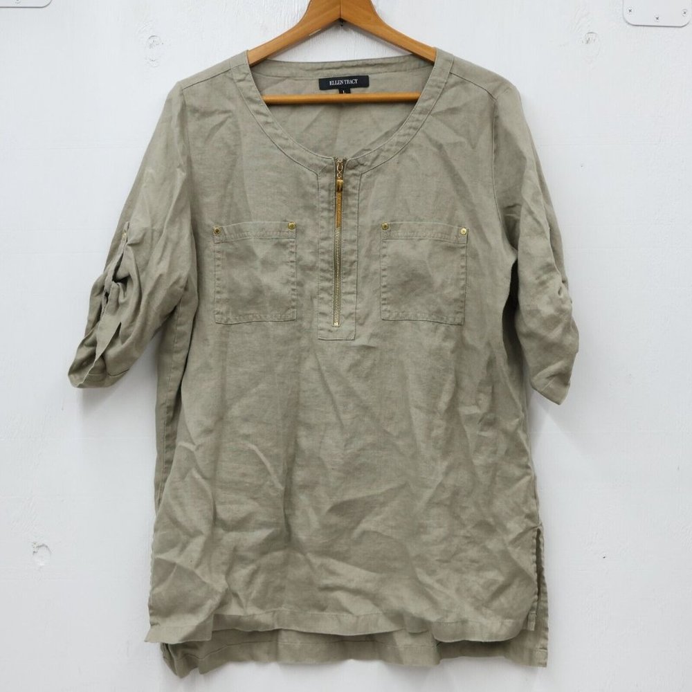 100% Linen Tunic Top Large Ellen Tracy Olive Green Roll Tab Sleeve Laganlook
